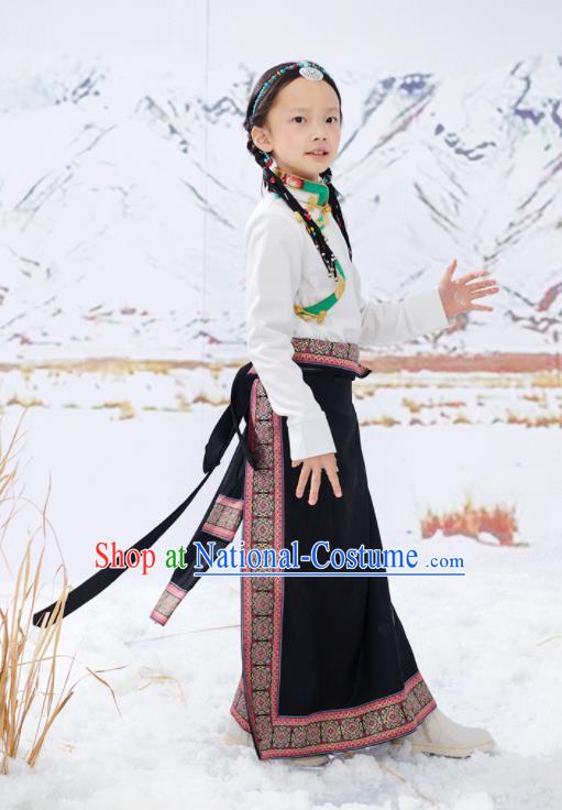 Chinese Zang Minority Festival Performance Costumes Tibetan Nationality Girl Clothing Ethnic Children White Blouse and Black Skirt