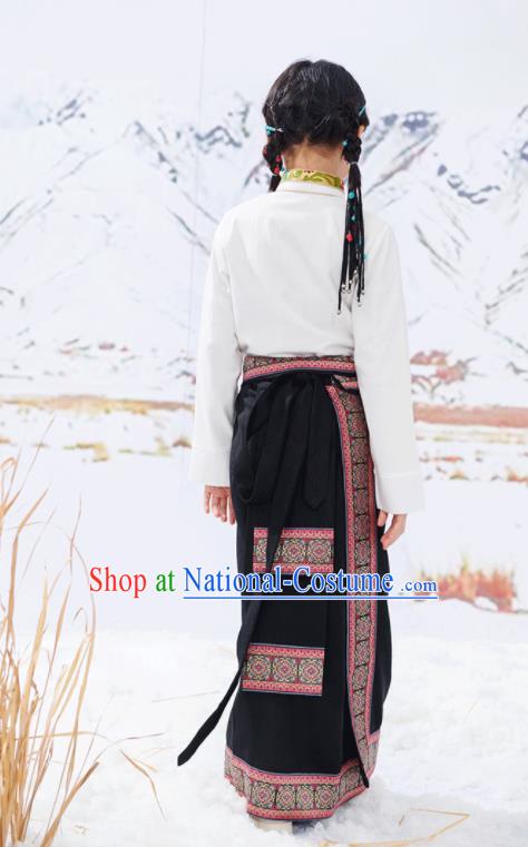 Chinese Zang Minority Festival Performance Costumes Tibetan Nationality Girl Clothing Ethnic Children White Blouse and Black Skirt