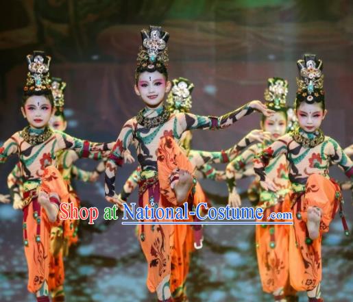 China Thousand Hands Goddess Dance Clothing Children Stage Performance Uniforms Classical Dance Apparels Girl Flying Dance Garment Costumes