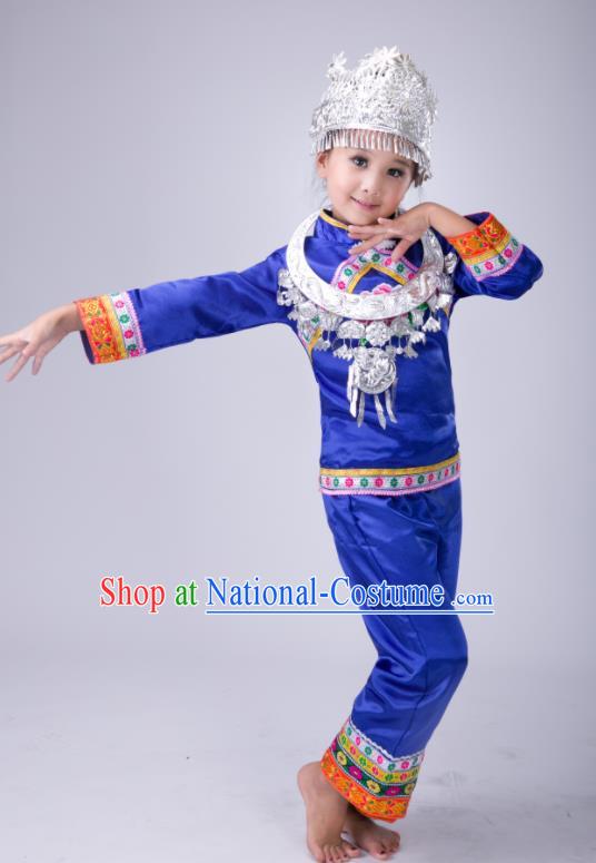 Chinese Tujia Minority Stage Performance Costumes Dong Nationality Folk Dance Royalblue Outfits Traditional Xiangxi Ethnic Girl Clothing