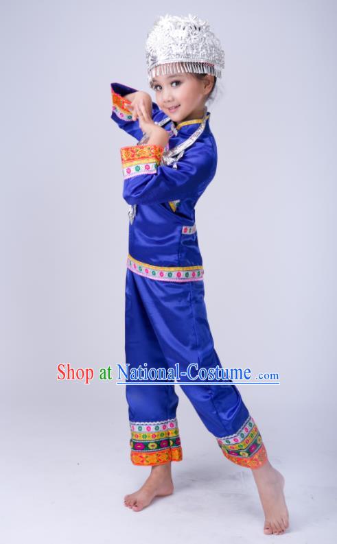 Chinese Tujia Minority Stage Performance Costumes Dong Nationality Folk Dance Royalblue Outfits Traditional Xiangxi Ethnic Girl Clothing