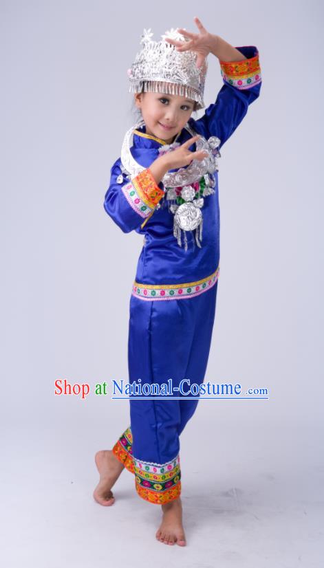 Chinese Tujia Minority Stage Performance Costumes Dong Nationality Folk Dance Royalblue Outfits Traditional Xiangxi Ethnic Girl Clothing