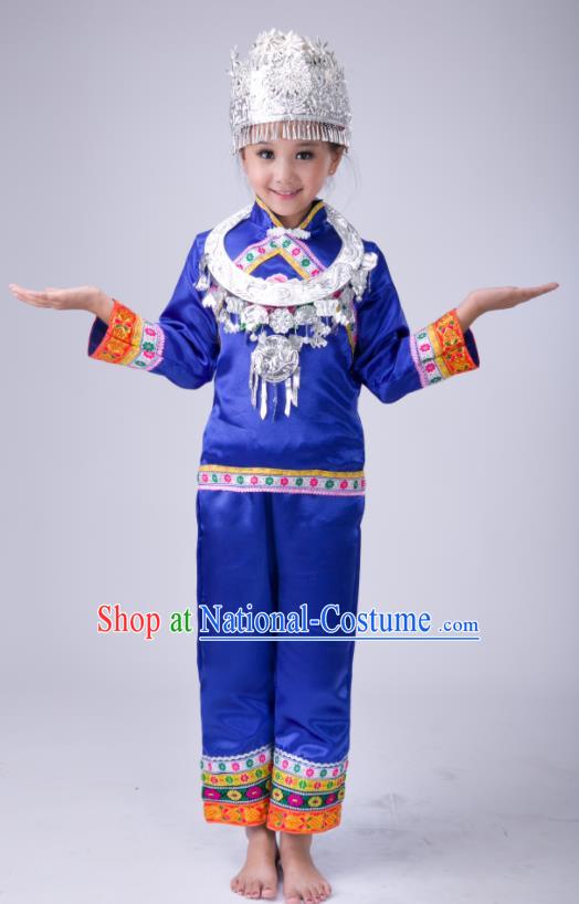 Chinese Tujia Minority Stage Performance Costumes Dong Nationality Folk Dance Royalblue Outfits Traditional Xiangxi Ethnic Girl Clothing