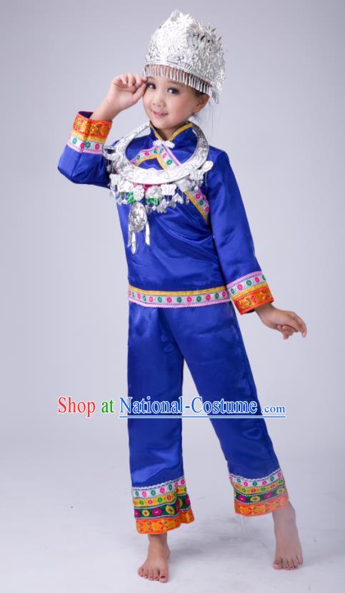 Chinese Tujia Minority Stage Performance Costumes Dong Nationality Folk Dance Royalblue Outfits Traditional Xiangxi Ethnic Girl Clothing