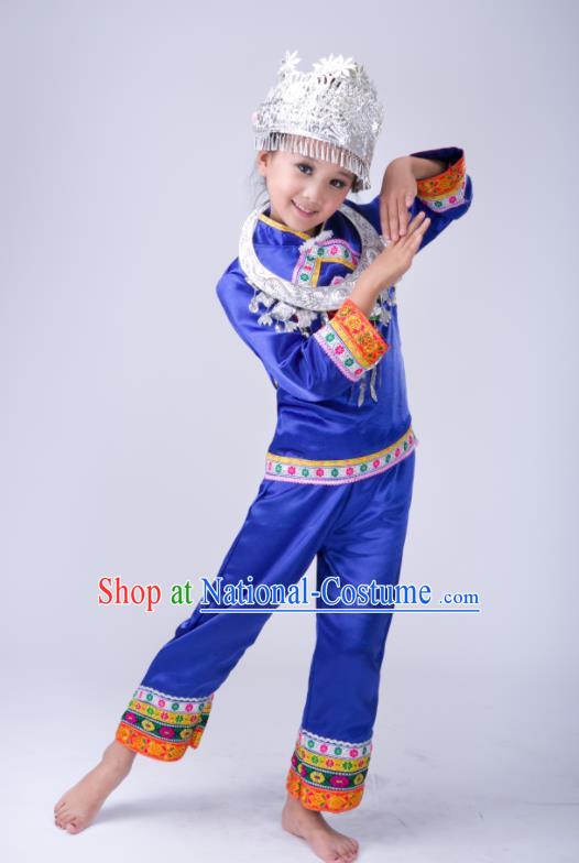 Chinese Tujia Minority Stage Performance Costumes Dong Nationality Folk Dance Royalblue Outfits Traditional Xiangxi Ethnic Girl Clothing