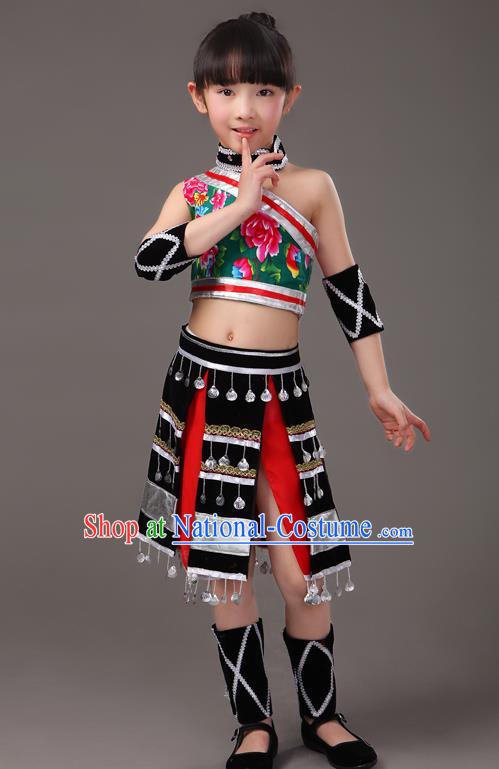 Chinese Traditional Yunnan Ethnic Girl Clothing Va Minority Stage Performance Costumes Yao Nationality Folk Dance Black Skirt Outfits