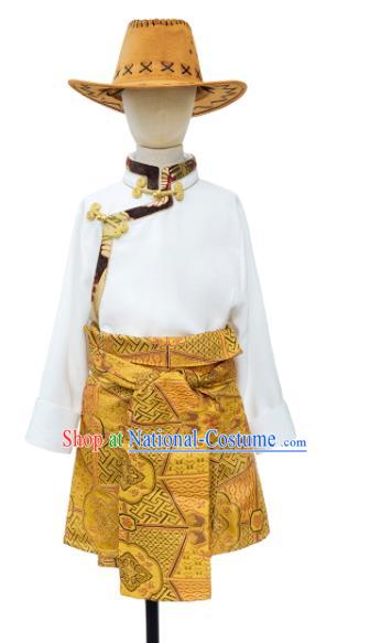 Chinese Zang Nationality Kid Clothing Traditional Children Brocade Vest Shirt and Skirt Tibetan Ethnic Boys Garment Costumes