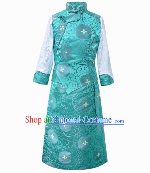 Chinese Ethnic Children Blue Brocade Dress Zang Minority Performance Costumes Tibetan Nationality Girl Bola Clothing