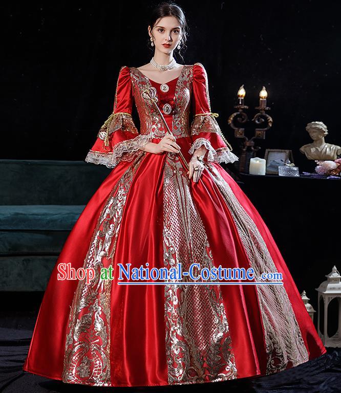 Top European Middle Ages Female Clothing Western Court Red Bubble Dress Renaissance Style Princess Garment Costume French Noble Lady Attire