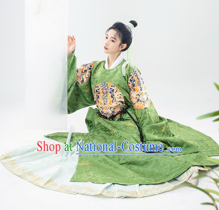 China Traditional Embroidered Green Brocade Round Collar Robe Ancient Swordsman Garment Costume Ming Dynasty Noble Childe Historical Clothing