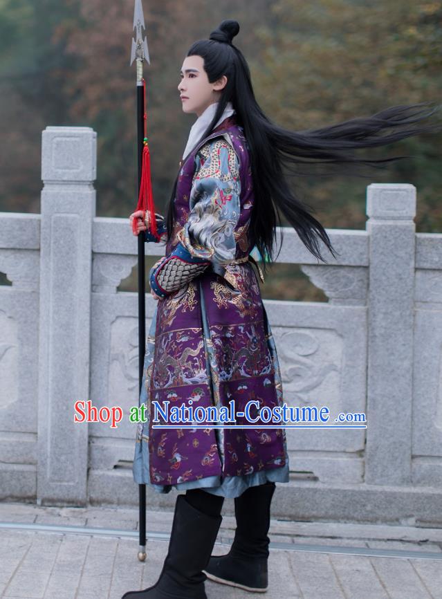 China Ancient Swordsman Garment Costume Ming Dynasty Imperial Guard Historical Clothing Traditional Hanfu Purple Brocade Vest