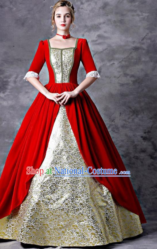 Top Western Renaissance Style Red Full Dress Christmas Garment Costume England Lady Formal Attire European Drama Performance Clothing