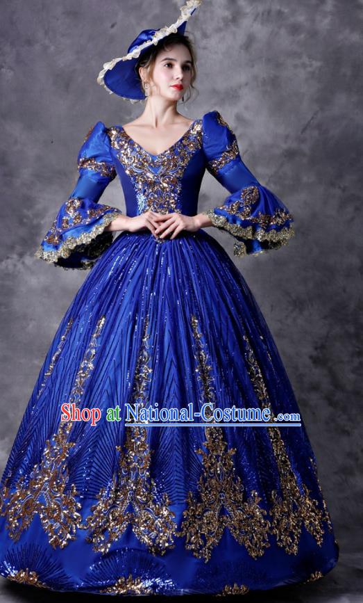 Top European Drama Performance Clothing Western Renaissance Style Royalblue Full Dress Christmas Garment Costume England Court Princess Formal Attire