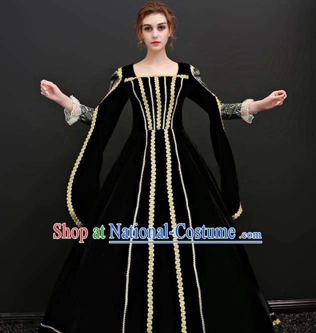 Top European Drama Performance Clothing Western Court Black Velvet Full Dress Renaissance Style Garment Costume French Queen Formal Attire