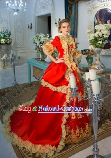 Top Western Drama Performance Red Trailing Full Dress Renaissance Style Garment Costume England Princess Formal Attire European Royal Clothing