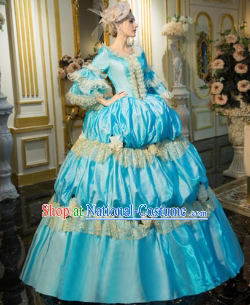 Top Christmas Garment Costume England Noble Lady Formal Attire European Royal Queen Clothing Western Drama Performance Light Blue Full Dress