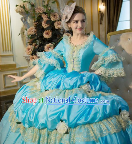 Top Christmas Garment Costume England Noble Lady Formal Attire European Royal Queen Clothing Western Drama Performance Light Blue Full Dress