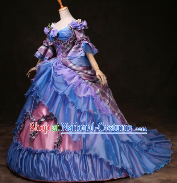 Top European Royal Princess Clothing Western Drama Performance Blue Trailing Full Dress Christmas Garment Costume England Court Formal Attire