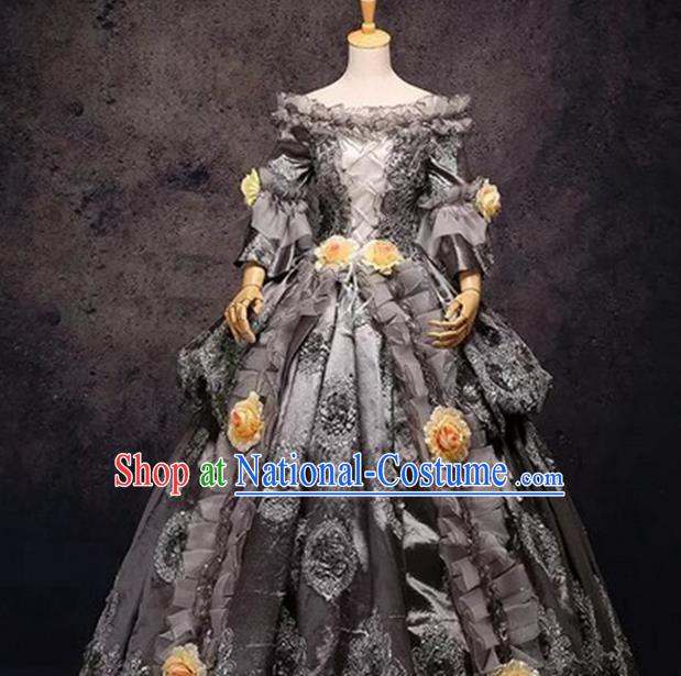 Top Western Drama Grey Lace Full Dress Christmas Ballroom Dance Garment Costume England Royal Princess Formal Attire European Court Queen Clothing