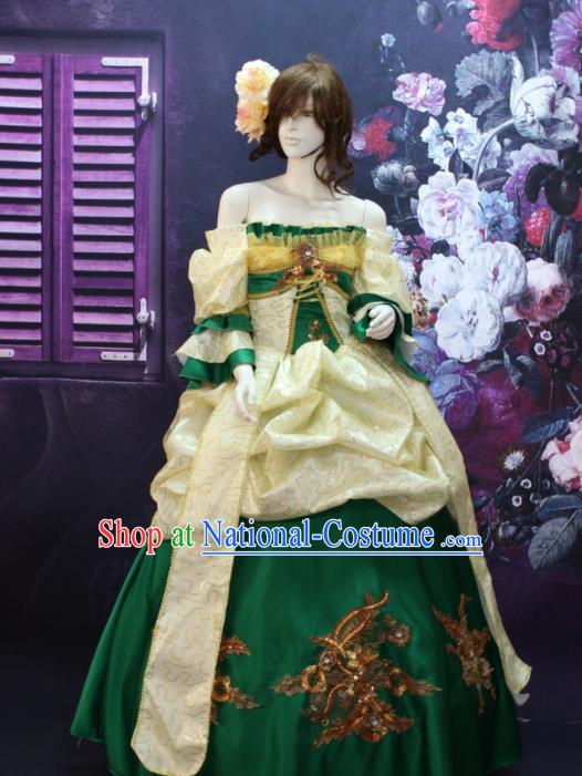 Top European Queen Clothing Western Drama Performance Green Satin Full Dress Christmas Ballroom Dance Garment Costume England Empress Formal Attire