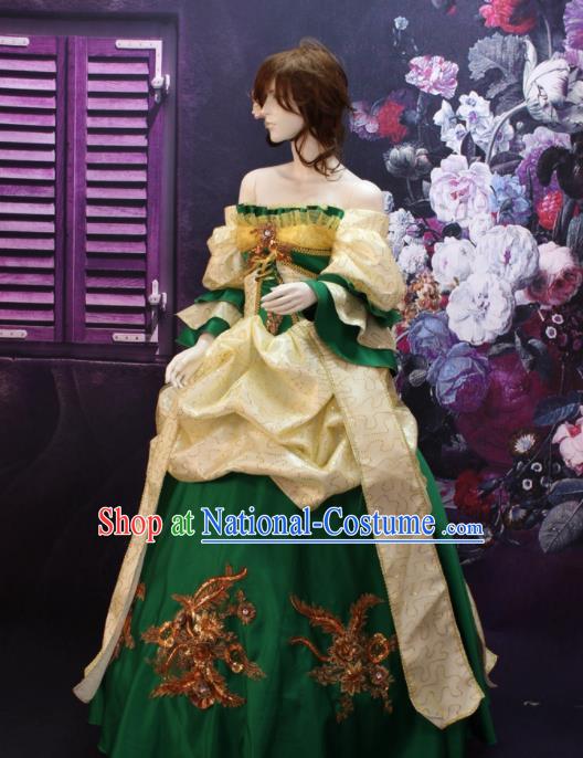 Top European Queen Clothing Western Drama Performance Green Satin Full Dress Christmas Ballroom Dance Garment Costume England Empress Formal Attire