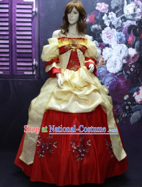 Top England Empress Formal Attire European Queen Clothing Western Drama Performance Red Satin Full Dress Christmas Ballroom Dance Garment Costume