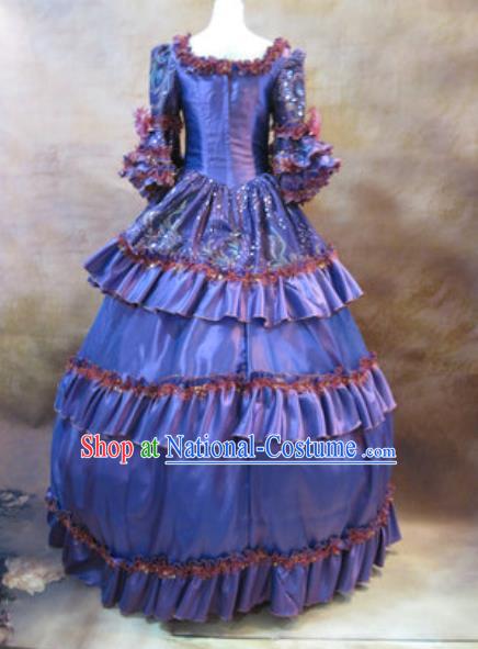 Top Christmas Ballroom Dance Formal Attire European Drama Clothing England Queen Blue Full Dress Western Renaissance Style Garment Costume