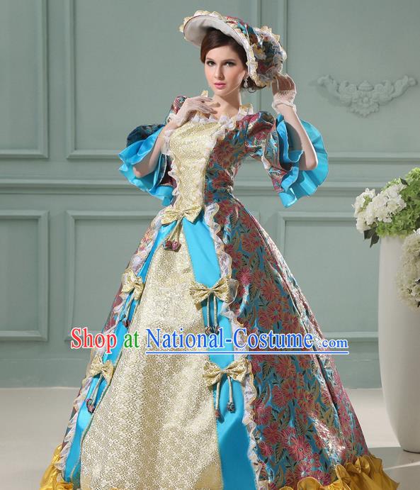 Top England Royal Princess Blue Full Dress Western Queen Garment Costume Christmas Ballroom Dance Formal Attire European Court Clothing