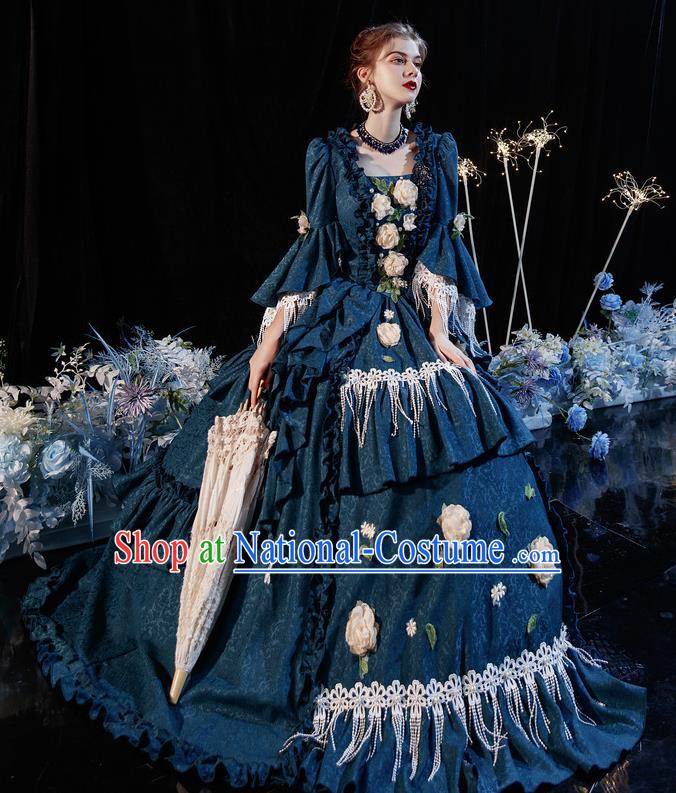 Top Western Court Garment Costume Christmas Dance Party Formal Attire European Princess Clothing French Drama Performance Navy Full Dress