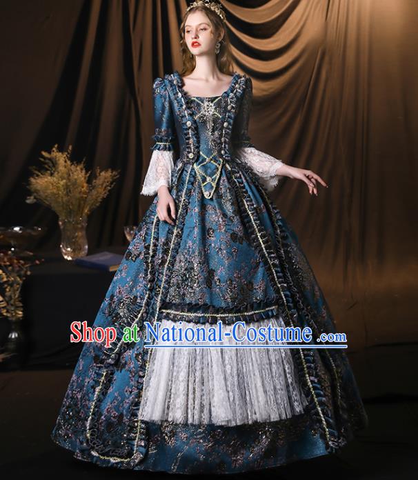 Top European Empress Clothing England Drama Performance Blue Full Dress Western Queen Garment Costume Christmas Dance Party Formal Attire