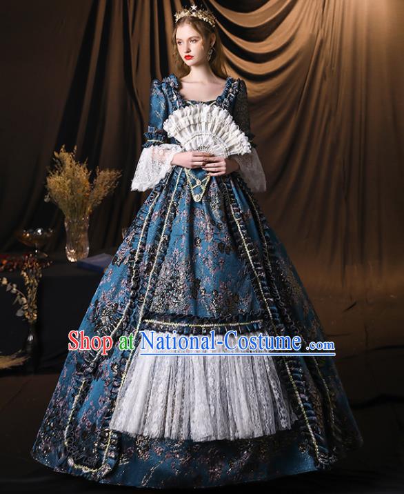 Top European Empress Clothing England Drama Performance Blue Full Dress Western Queen Garment Costume Christmas Dance Party Formal Attire