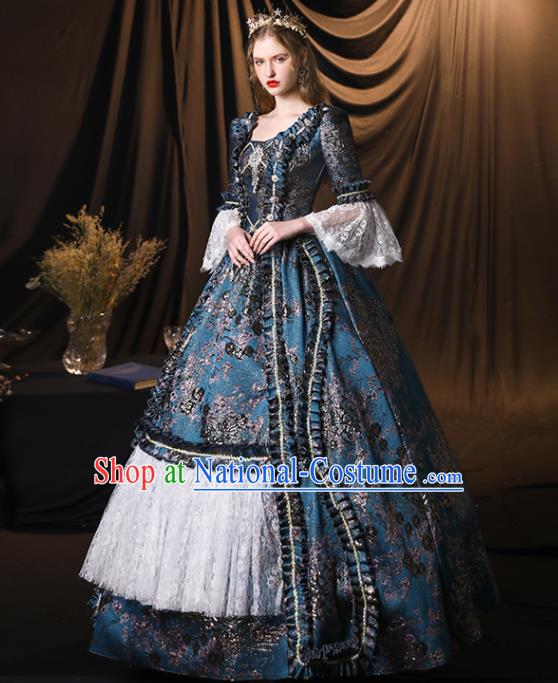 Top European Empress Clothing England Drama Performance Blue Full Dress Western Queen Garment Costume Christmas Dance Party Formal Attire