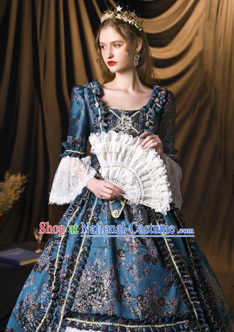 Top European Empress Clothing England Drama Performance Blue Full Dress Western Queen Garment Costume Christmas Dance Party Formal Attire