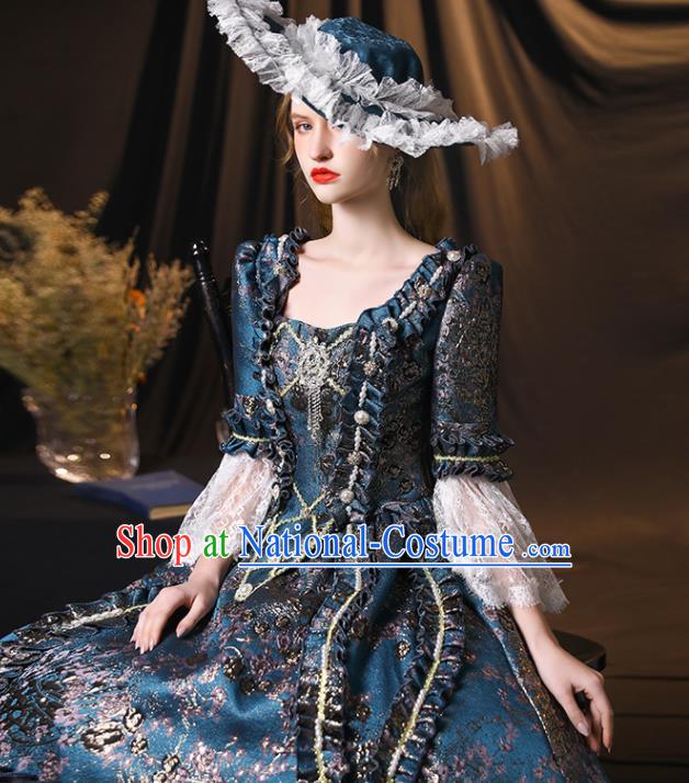 Top European Empress Clothing England Drama Performance Blue Full Dress Western Queen Garment Costume Christmas Dance Party Formal Attire