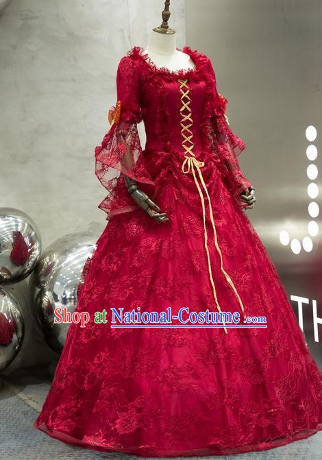 Top Western Drama Performance Wine Red Lace Full Dress French Princess Garment Costume Christmas Dance Party Formal Attire European Court Clothing