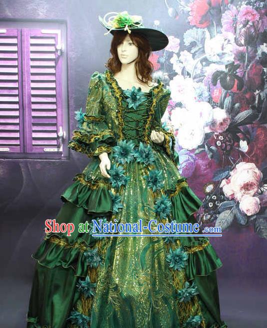 Top Christmas Formal Attire European Noble Lady Clothing Western Drama Performance Green Full Dress Ballroom Dance Garment Costume