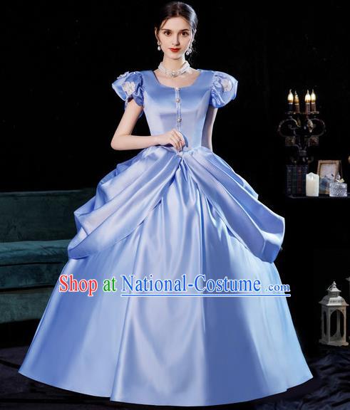 Top European Court Princess Clothing England Royal Blue Full Dress Western Queen Garment Costume Christmas Ballroom Dance Formal Attire