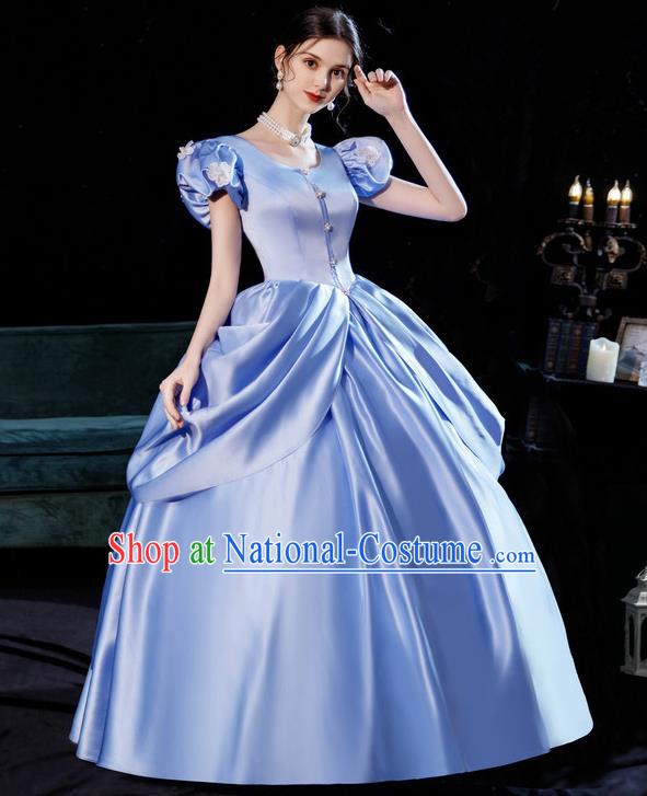 Top European Court Princess Clothing England Royal Blue Full Dress Western Queen Garment Costume Christmas Ballroom Dance Formal Attire