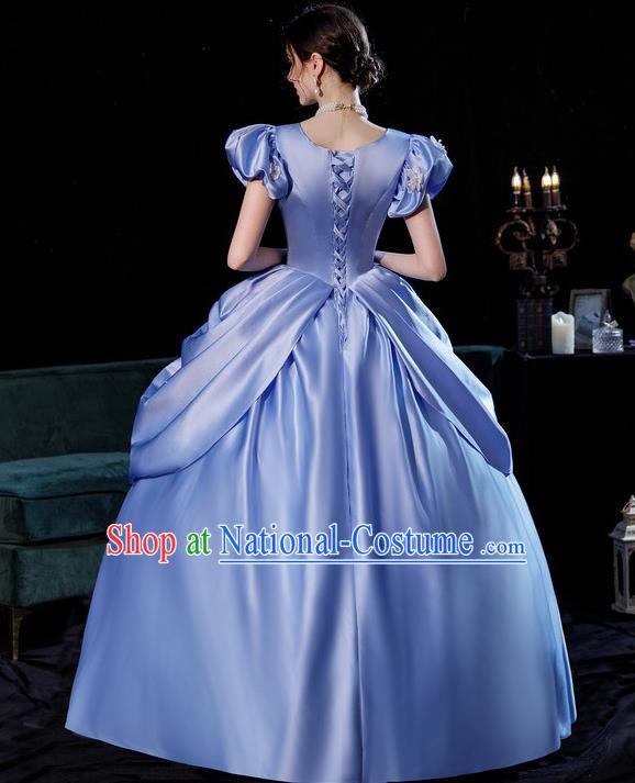 Top European Court Princess Clothing England Royal Blue Full Dress Western Queen Garment Costume Christmas Ballroom Dance Formal Attire