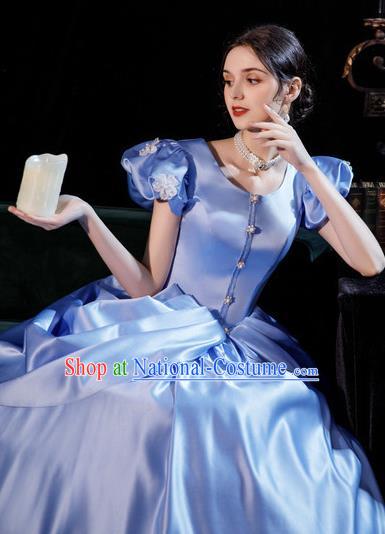 Top European Court Princess Clothing England Royal Blue Full Dress Western Queen Garment Costume Christmas Ballroom Dance Formal Attire