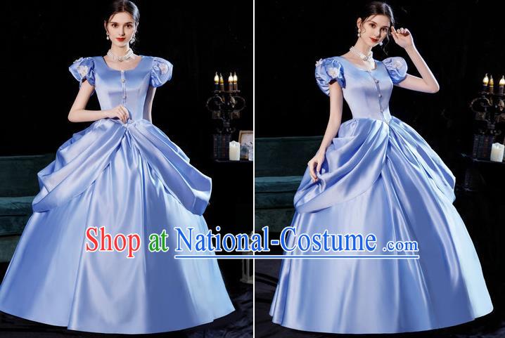 Top European Court Princess Clothing England Royal Blue Full Dress Western Queen Garment Costume Christmas Ballroom Dance Formal Attire