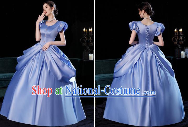 Top European Court Princess Clothing England Royal Blue Full Dress Western Queen Garment Costume Christmas Ballroom Dance Formal Attire