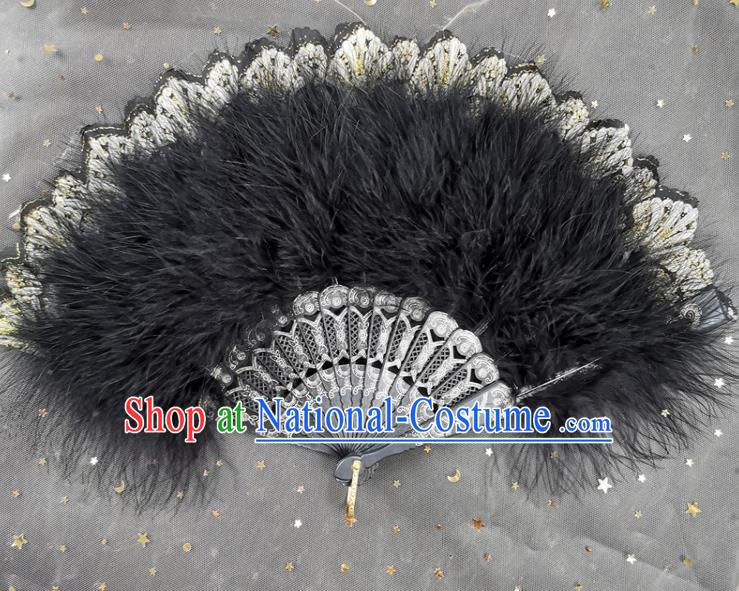 Handmade Dance Fan Classical Dance Black Feather Fan Cheongsam Stage Show Folding Fan European Court Lady Fan