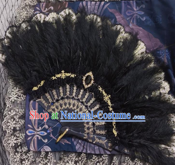 Handmade Baroque Queen Fan European Court Lady Fan Princess Fan Classical Dance Black Feather Fan