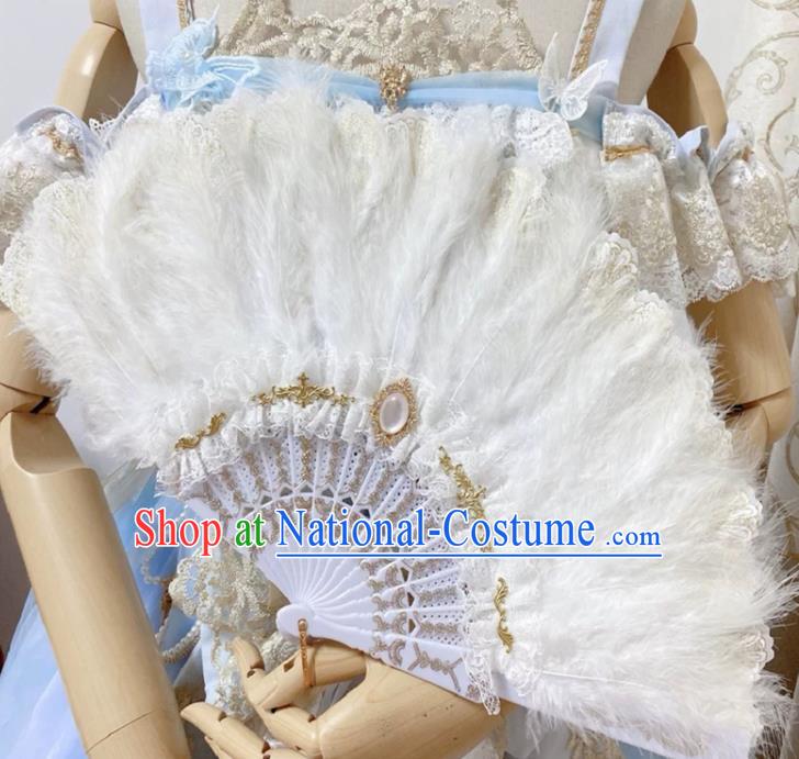 Handmade Christmas Day White Feather Fan Baroque Queen Fan European Court Lady Fan Princess Fan