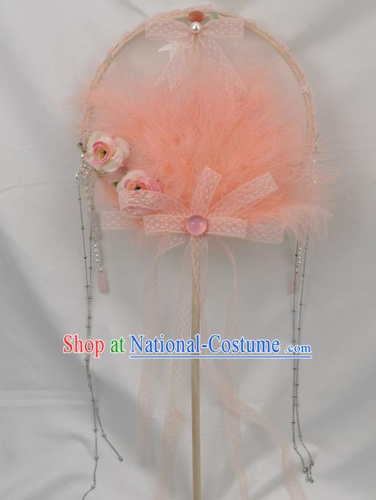 Chinese Classical Dance Fan Stage Show Pink Feather Fan Traditional Hanfu Palace Fan Handmade Princess Circular Fans