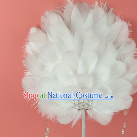 Chinese Handmade Princess Circular Fans Classical Dance Fan Stage Show White Feather Fan Traditional Hanfu Palace Fan