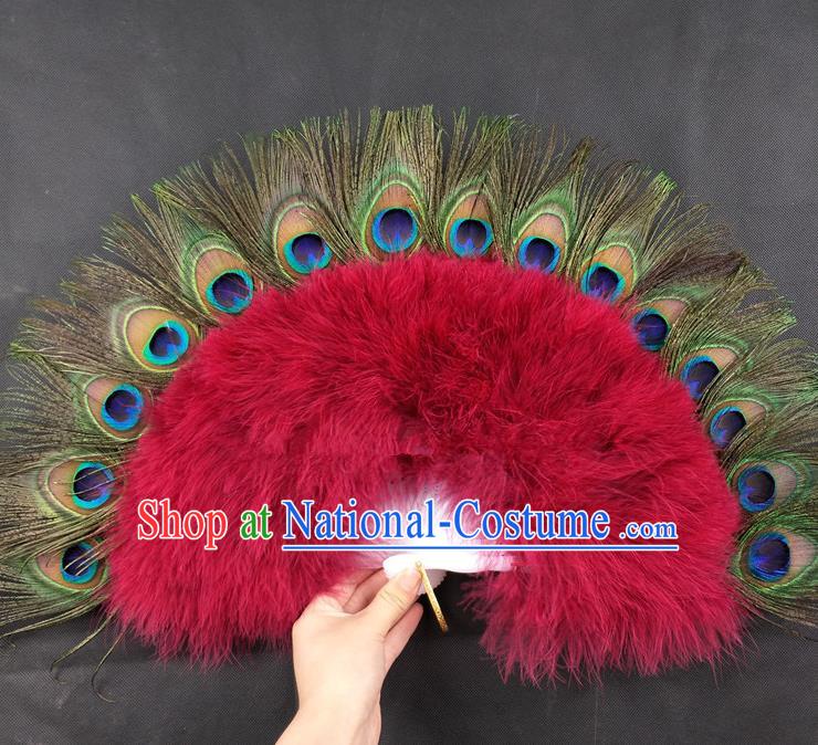 Handmade Stage Show Fan Belly Dance Wine Red Feather Fan Christmas Day Performance Fan Princess Peacock Feather Fan