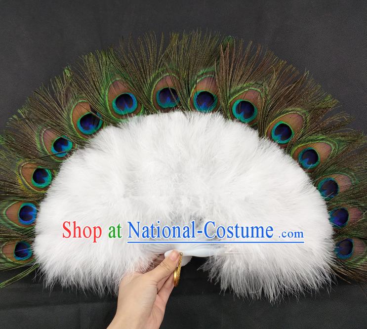 Handmade Princess Peacock Feather Fan Stage Show Fan Belly Dance White Feather Fan Christmas Day Performance Fan