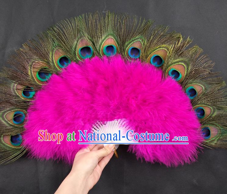 Handmade Christmas Day Performance Fan Princess Peacock Feather Fan Stage Show Fan Belly Dance Rosy Feather Fan